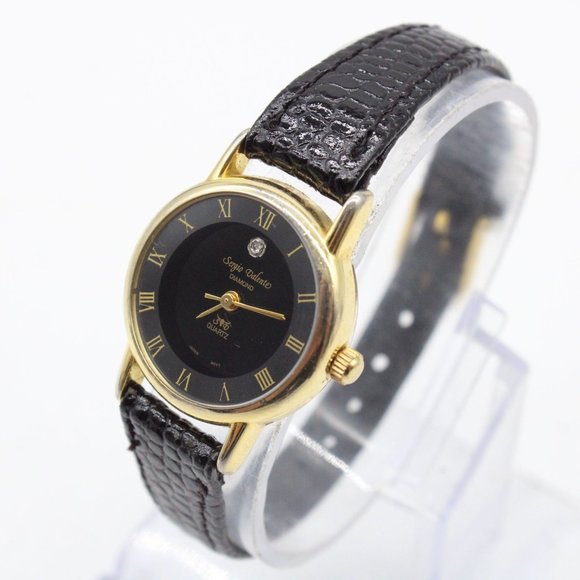 Vintage Sergio Valente Watch Womens Gold Tone Classic Roman Numbers Black Dial - Picture 1 of 8